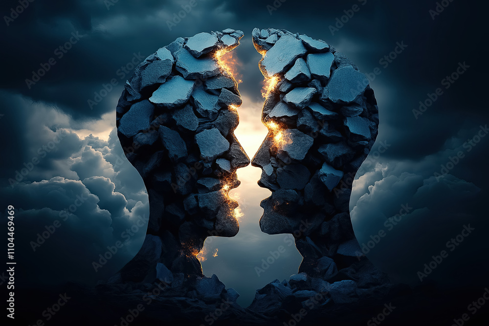 Poster two human figures emerge from a globe, representing separation and unity against a moody backdrop of