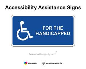 Accessibility assistance signs. For the handicapped. Assistance sign with wheelchair symbol. Blue horizontal rectangle.