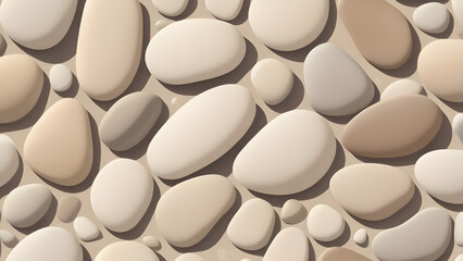 Pebble Texture: Smooth pebble shapes in neutral tones arranged randomly on a light beige background