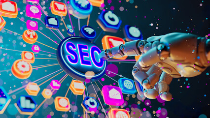 Robotic Hand Pressing SEO Button Amidst Digital Social Media Icons