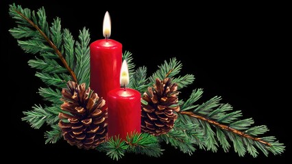 christmas illustration of candles surrounded by winter greenery