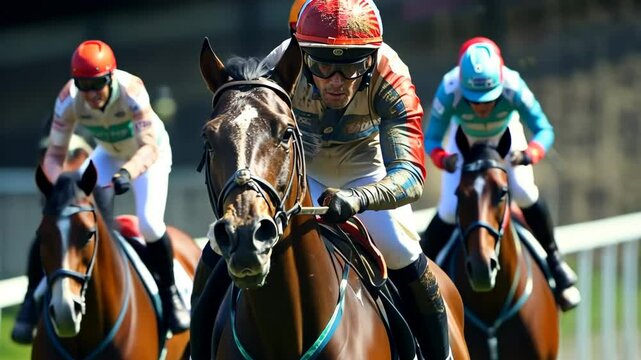 Exciting horse racing action at the local track in bright sunlight with skilled riders competing for victory