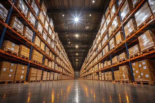 Cardboard boxes on metal shelves in a large industrial warehouse distribution center