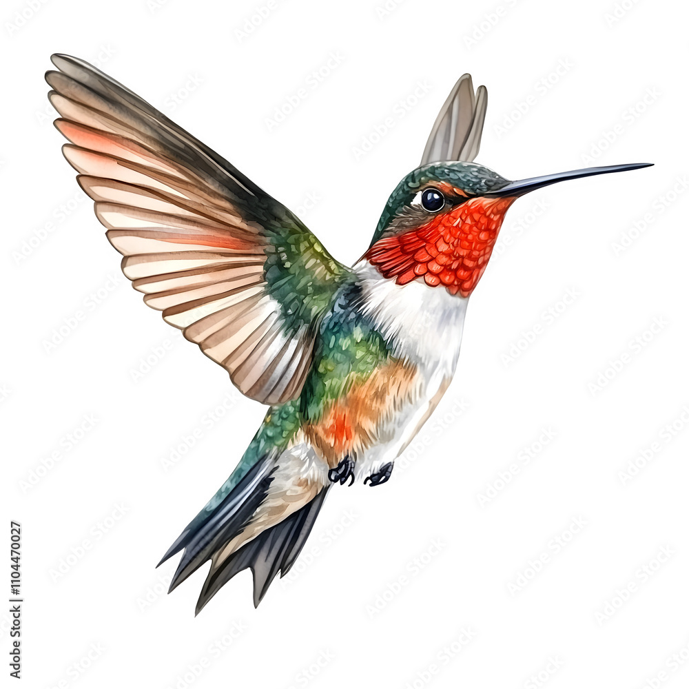 Poster vibrant depiction of a ruby-throated hummingbird in mid-flight with wings outstretched, set against 