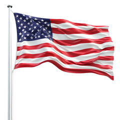 Realistic 3d rendering of american flag waving in the wind on transparent background