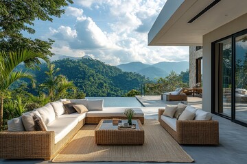Fototapeta premium Luxury resort overlooking tropical rainforest with infinity pool and comfortable seating