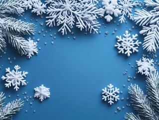 Minimalist Christmas composition with branches of a tree, red berries and snowflakes on blue background. Perfect backdrop for holiday postcards, invitations and social media posts