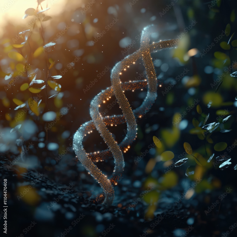 Leinwandbilder DNA helix structure in nature setting. Biotech concept. Scientific image showing intricate details of DNA molecule. Plants and soil backdrop. Life science tech image. Nature and innovation.