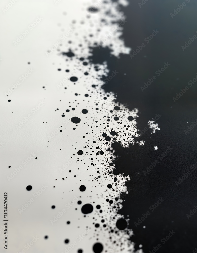 Poster monochrome abstract paper with black ink spots. ink blotted on sheet with retro graphic effect. grai