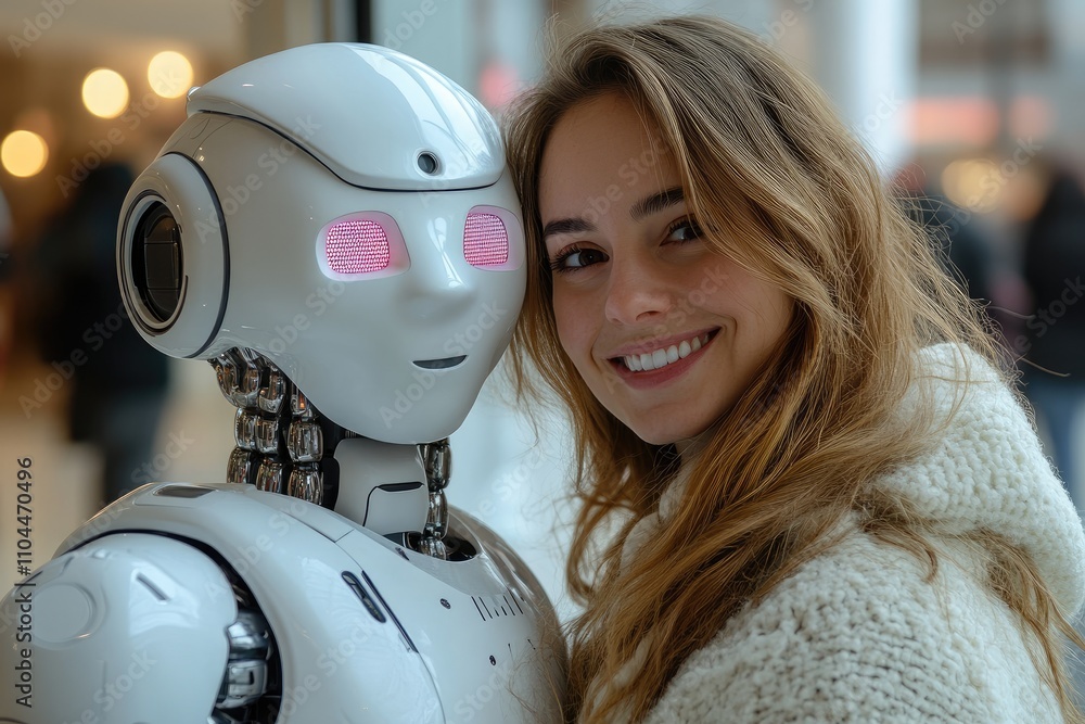 Aufkleber robotics engineer smiling next to humanoid robot with pink eyes