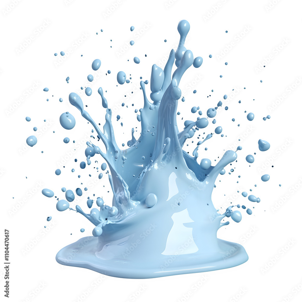 Poster light blue glossy paint splashing, forming droplets and a crown shape, set against a transparent bac