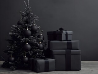 A modern christmas tree with all matte black gifts stacked next to it, the gifts have ornaments attached on top as a decor topper