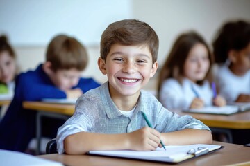 Smiling schoolboy sits at desk in classroom. Students write in notebooks in background. Education learning concept. Happy boy focuses on study. Classroom setting. Learning environment.