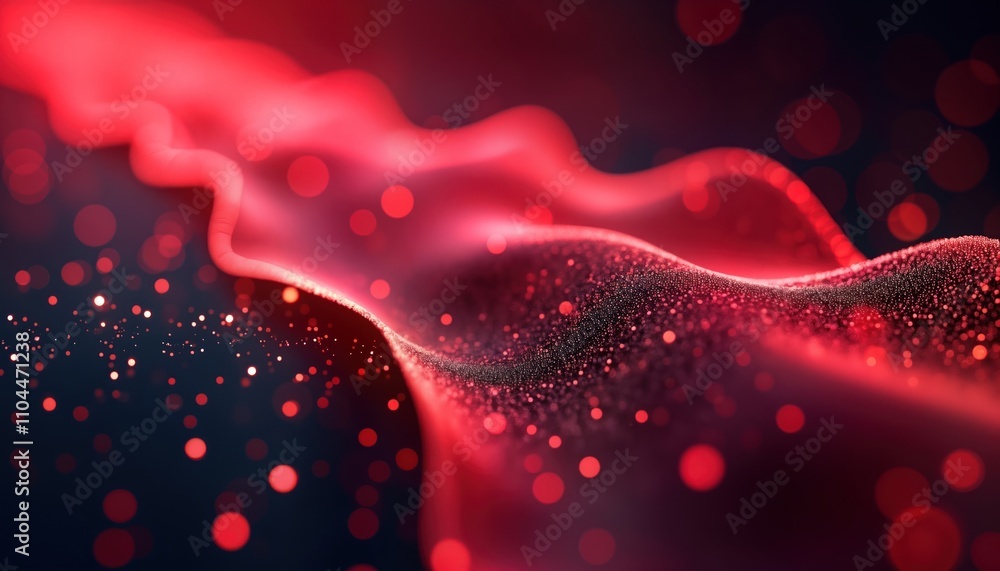 Aufkleber Abstract red data stream in digital cyber space background. Dynamic red waves move through digital space. Red particles flow like liquid. Abstract tech design. Creative digital art background.