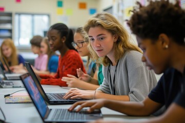 High school students learn with tech support. Professor helps students using laptops in classroom. Students work together. E-learning session in classroom. Modern educational environment. Back to