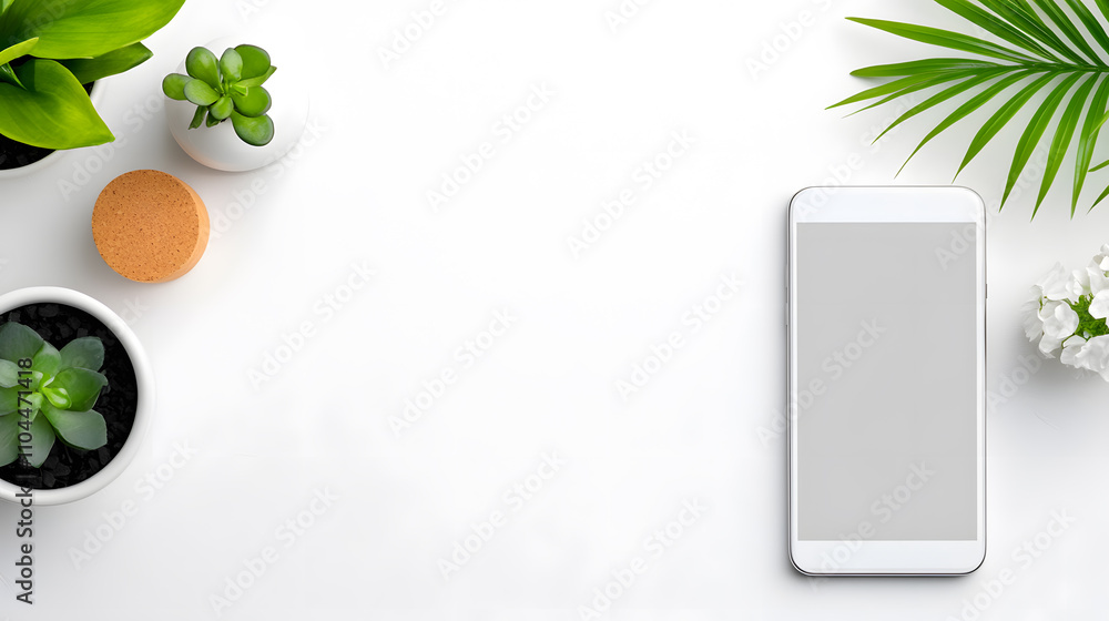Poster bright and serene workspace adorned with greenery and a modern smartphone on a clean background