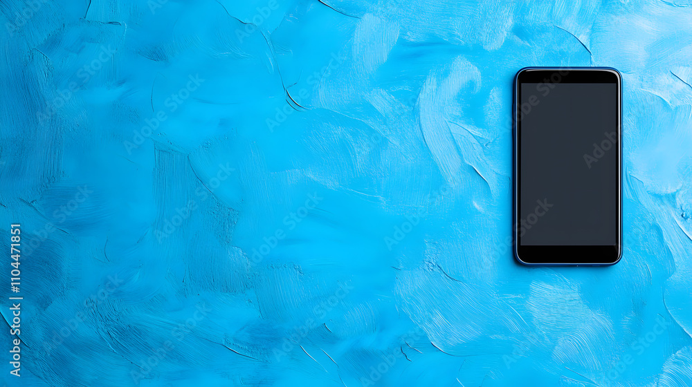 Poster modern smartphone resting on a vibrant blue abstract background in a minimalist setup