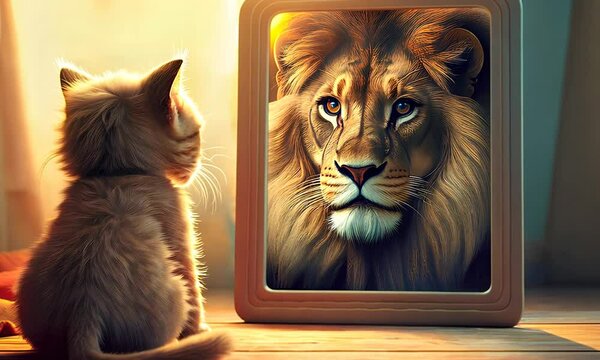A small cat looks into a mirror and imagines itself as an adult predator. A kitten sees a lion's reflection in a mirror.