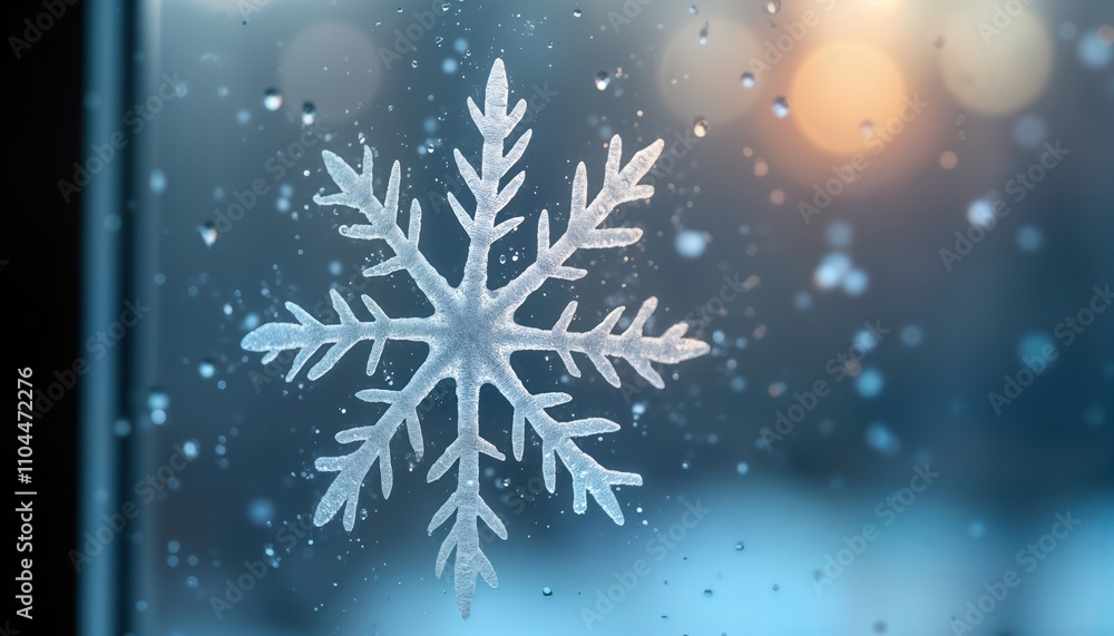 Poster delicate snowflake design on winter window pane. ice crystals form intricate pattern. winter scene e