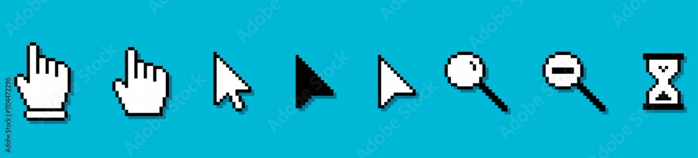 Poster pixel art computer cursor and icons on blue background, cursor icon set, cursor pointers, cursor mou