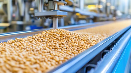 Fototapeta premium High-tech food processing line sorting and preparing golden grains for packaging in industrial facility