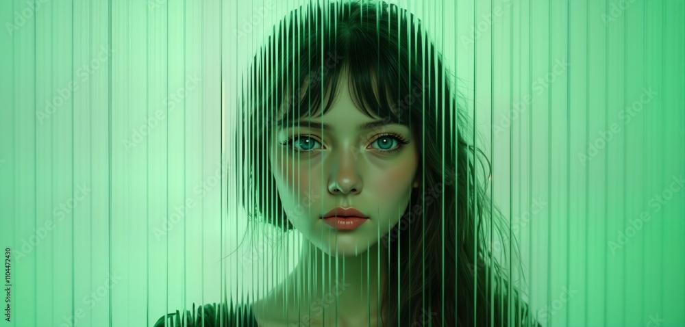 Fototapete abstract portrait of young woman. face partially hidden behind pattern of vertical lines. lines crea