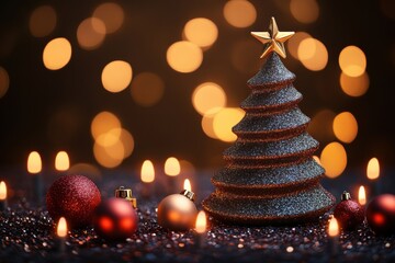 Fabulous winter composition with small tree and warm light of candles. Perfect background for creating New Year’s collages and postcards.