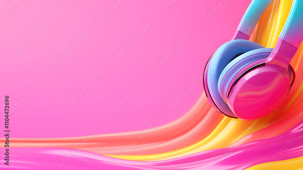 Poster vibrant sound waves create a dynamic background with colorful headphones in a playful design
