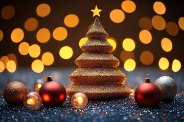 Fabulous winter composition with small tree and warm light of candles. Perfect background for creating New Year’s collages and postcards.