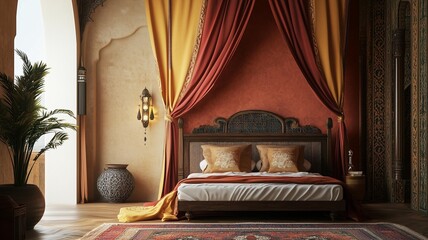 Bedroom interior with Home decoration mock up. comfortable bedding publicity poster. Cozy interior design of bedroom. Beautiful duvet cover, Arabic style, romantic bedroom interior.
