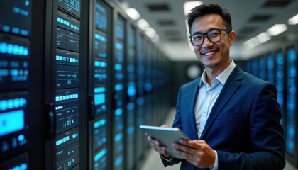 Asian sysadmin engineer in server room. Man holds tablet. Tech pro examines data cloud protection network. Modern tech concept. Expert in Ai generative tech. Network security specialist. Modern