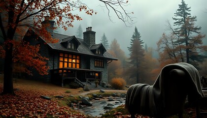 Autumn Serenity at Sunset with Mountain Lodge