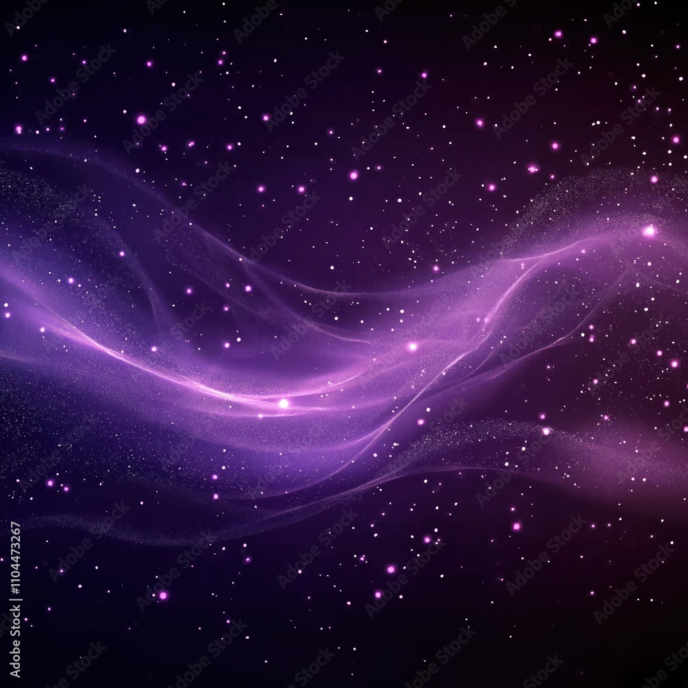 Poster Purple abstract background with glowing particles, stars. Dynamic wave patterns create motion, energy. Elegant design for tech futuristic themes. Perfect for wallpaper, digital art, holiday