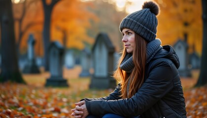 Woman sits in autumn cemetery reflecting on memories. Serene atmosphere. Fall leaves surround. Moment of quiet contemplation. Woman honors loved ones. Tribute on Saints Day. Autumn colours. Personal