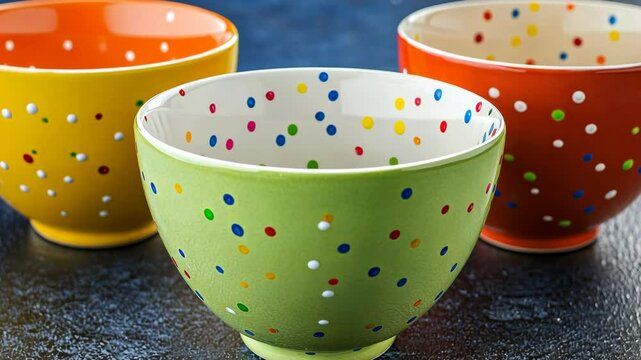 Colorful ceramic bowls display unique polka dot patterns in a vibrant arrangement on a dark surface