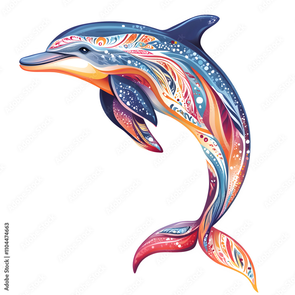 Poster Vibrant dolphin leaping with intricate patterns against a transparent background, ideal for adding an aquatic touch to designs