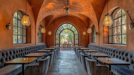 Fototapeta premium Elegant restaurant interior with arched windows, plush seating, and warm lighting.