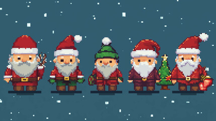 Set of pixel art 8 bit for merry christmas and red cute gnomes collection vector illustration.