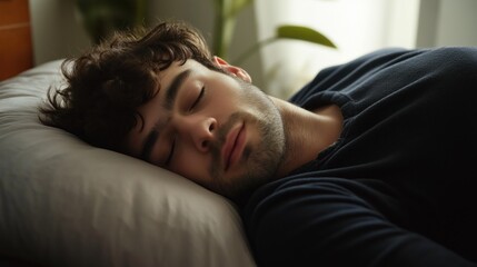 European man sleeping peacefully in bed at home. Close up shot of a man resting. Comfortable home interior. Calm and relaxed. Man enjoys peaceful sleep in home.