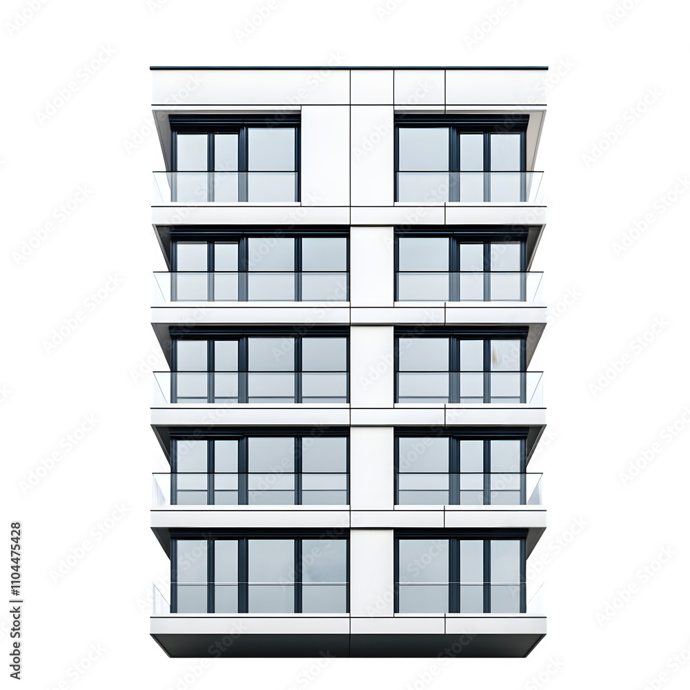 Poster modern white apartment building with balconies and large windows, isolated on transparent background