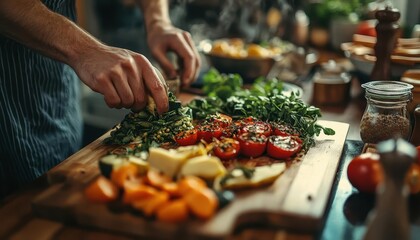 Family preparing dinner together, balanced meal, natural indoor light