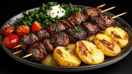 Succulent skewers of marinated meat paired with perfectly roasted potatoes create a tantalizing dish ready to savor