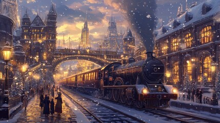 Obraz premium A vintage steam train stands on a snowy platform at dusk, surrounded by twinkling lights and beautiful architecture. Passengers in elegant attire evoke a nostalgic atmosphere of winter travel.