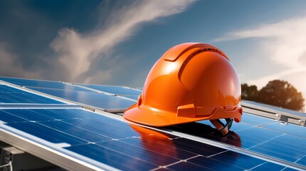 Bright sunlight reflects off solar panels with an orange hard hat resting on top, showcasing renewable energy efforts in progress