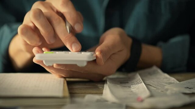 A man is focused on calculating his expenses using a calculator, surrounded by scattered receipts and a notepad in a warm, inviting workspace during the evening