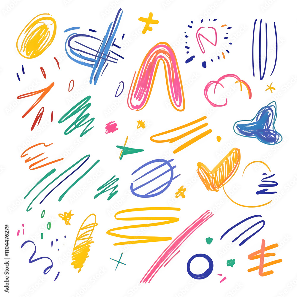 Aufkleber Collection of vibrant scribbles, lines, and abstract shapes creating a playful and artistic design on a transparent background