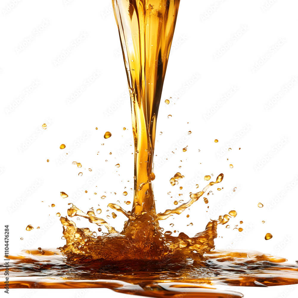 Poster splashing and pouring golden liquid on a clear background, forming dynamic droplets and ripples
