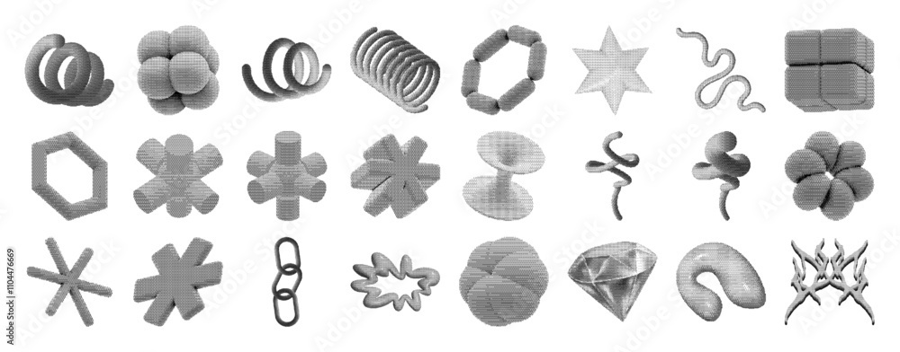 Poster halftone 3d retrofuturistic shapes, abstract shapes, spheres, squares, lines, spirals, stars, round 