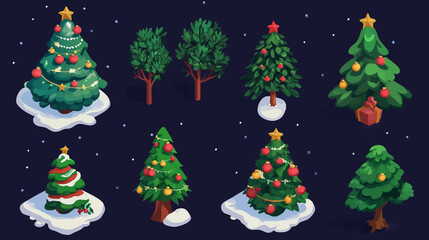 Isometric Christmas tree, 3d fir pine tree, winter holidays symbol. Winter holidays decorated green fir trees vector symbols illustrations set. Vector Christmas trees collection
