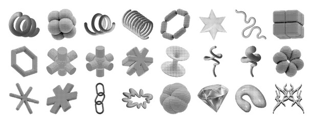 Halftone 3D retrofuturistic shapes, abstract shapes, spheres, squares, lines, spirals, stars, round and rectangular elements, universal 3d geometric shapes set. Bitmap arts, Vector graphic collection